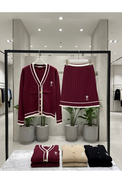 YusGos Women's Striped Knitwear Cardigan Pleated Mini Skirt College Top and Bottom Set Burgundy S