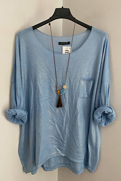 AYASOFYA OTANTIK Γυναικεία ιταλική μπλούζα με μπλε κολιέ με λαιμόκοψη και τσέπη στο μπροστινό μέρος με λεπτομέρεια από γυαλιστερό ασημί φινίρισμα, χαλαρή μακρυμάνικη μπλούζα