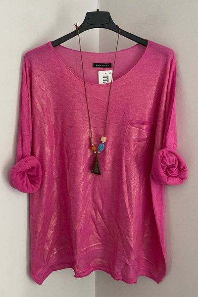 AYASOFYA OTANTIK Bluză de damă, italiană, roz, cu pandantiv, cu buzunar pe guler, pe partea din față, cu finisaj strălucitor cu sclipici, cu mânecă lungă.