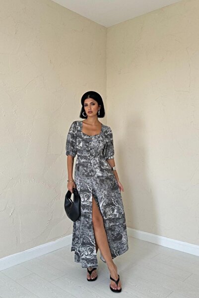 FEMESTYLE Khaki Buttoned Front Sweetheart Neckline Dress