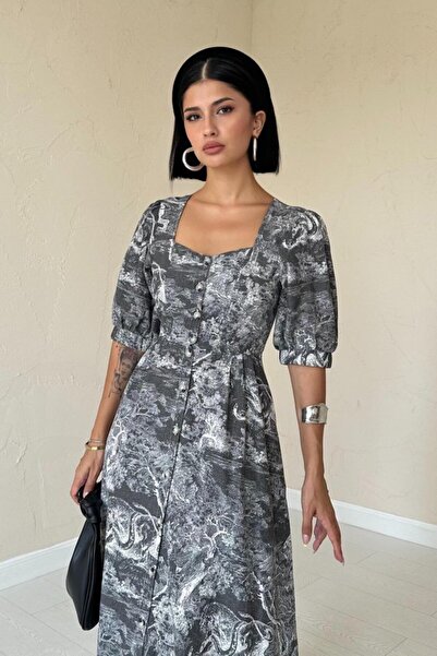 FEMESTYLE Khaki Buttoned Front Sweetheart Neckline Dress