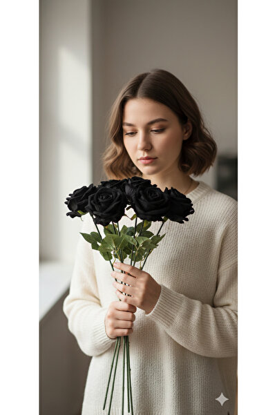 yapay çiçek evi Yapay Kadife Gül 7 Adet Siyah Ev Vazo Dekor Çiçeği