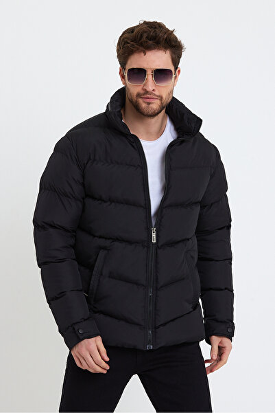 Bossago guler ridicat Palton negru pentru bărbați din țesătură în carouri