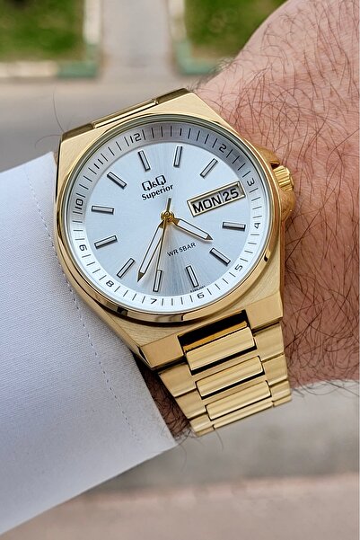 Q&Q Gold Renk 40 mm İç Göstergeleri Aktif Paslanmaz Çelik Erkek Kol Saati