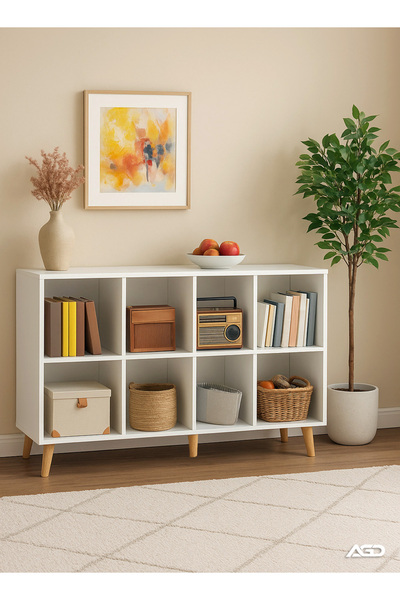 AGD 2-Tier Freestanding Wooden Bookcase with 8 Cubes and Legs, Modern Simple Design, Open Shelves fo