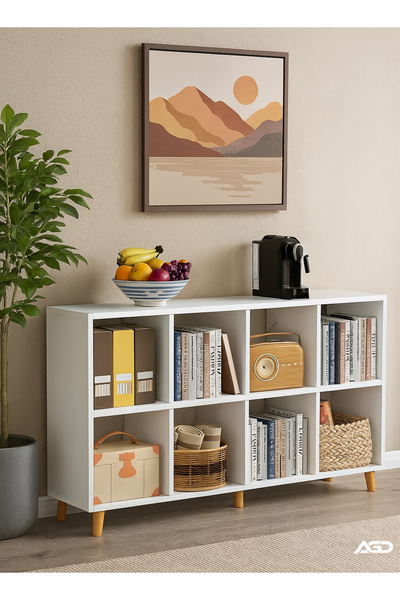 AGD 2-Tier Freestanding Wooden Bookcase with 8 Cubes and Legs, Modern Simple Design, Open Shelves fo