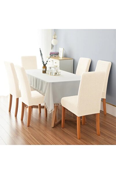 ÖZMAKAN 6 قطع من أغطية الكراسي عالية الجودة بلون كريمي - LIKRA وYIKA NATABIL