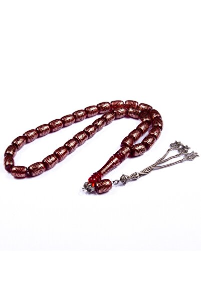 Burhan Sağlam Özel Seri Fıçı Kesim  12x9 mm Bakır İşlemeli Ateş Kehribarı Gümüş Püsküllü Tesbih