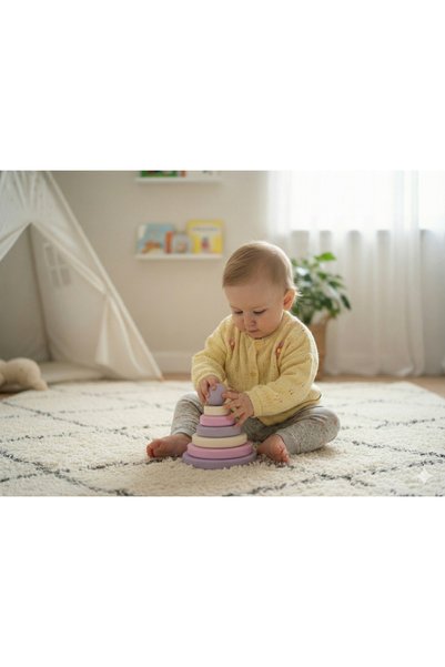 WoodenThings Lavender Garden Wooden Montessori Ring Tower - Natural Beech Stacker Educational Toy