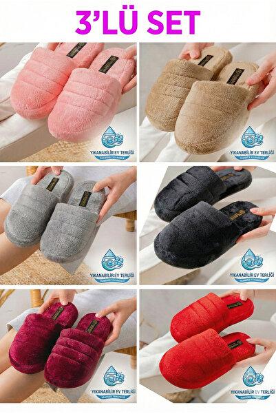 Nmoda 3'lü Paket Ev Terliği Çeyiz Terliği Kışlık Terlik Ses Yapmaz Hafif Taba...