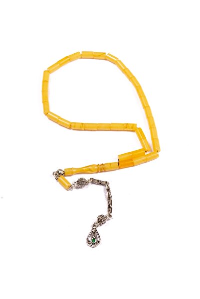 Burhan Sağlam Kesme Kesim 10x6 mm  Sıkma Kehribar 34 Cm Alpaka Püsküllü Tesbih