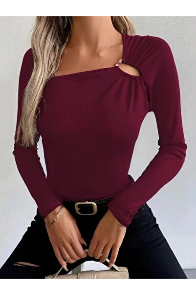Generic Brand Women's Long Sleeve Viscose Blouse with Ring Detail at the Neck