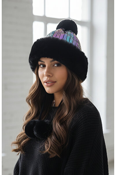 Kapin Gökkuşağı Parlak Renkli Kürklü Ponponlu Şapka