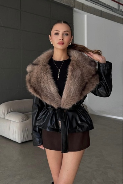 GM Butikk Yeni Sezon Kadın Deri Mont Kürk Yaka Mont Deri Kürk Yaka Deri Ceket Mont Kadın