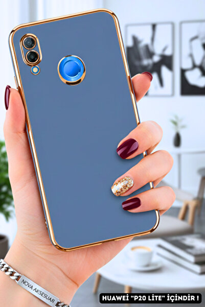 cepmoda Huawei "P20 LİTE" uyumlu Parlak Silikon Kapak/Kılıf Altın Çizgi Detaylı Volet - MAVİ-GRİ