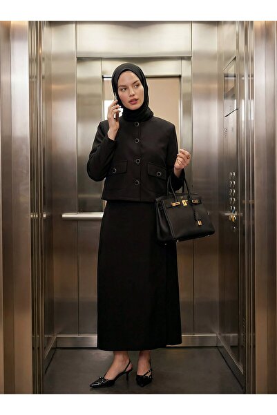 Refka Crepe Fabric Button Detailed Pocket Jacket & Skirt Set - Black -