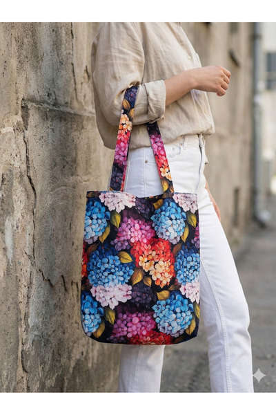 shopExxtra Geantă de in cu model de flori de hortensie