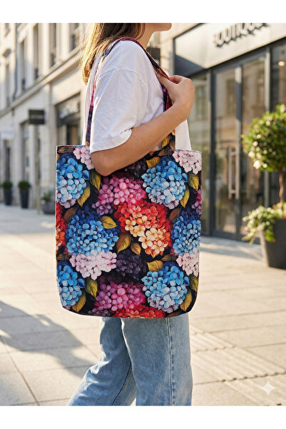 shopExxtra Geantă de in cu model de flori de hortensie