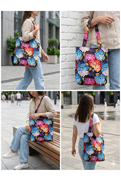 shopExxtra Geantă de in cu model de flori de hortensie