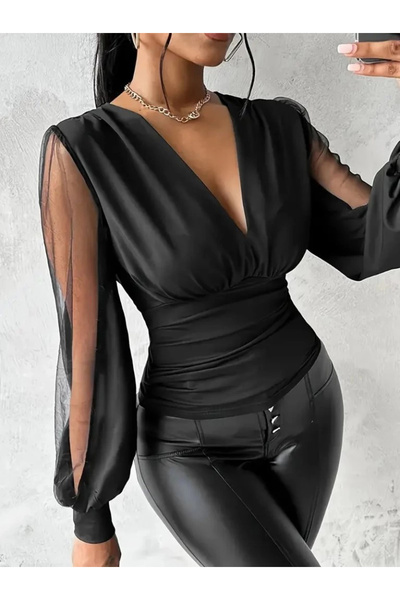 gl00my Mdb Women's Long Slit Tulle Detailed Deep V-Neck Sandy Blouse