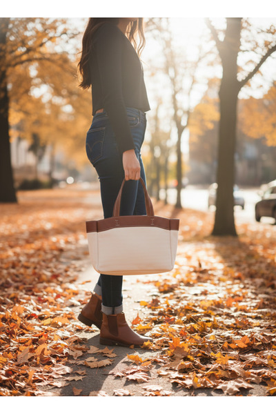 Vina Bag حقيبة يد وكتف من القماش بتفاصيل تان