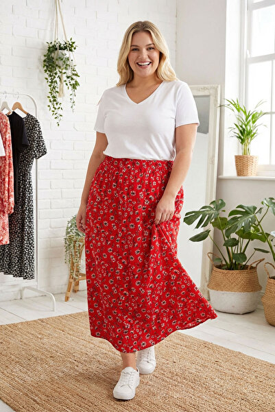 Stil Diva Plus Size Elastic Waist Long Cut Floral Print Pocketless Skirt 303898