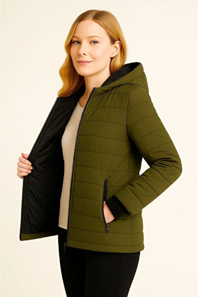 KentselBazaar Inflatable Hooded Zippered Jacket Water Repellent Quilted Lining Fabric Pocket Winter Comfortable Fit - Khaki