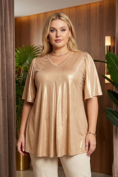 Stil Diva Large Size V-Neck Short Sleeve Shiny Look Blouse 303718