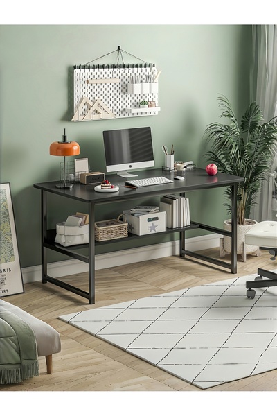 Venpara مكتب كمبيوتر مع رف، طاولة مكتب من الفولاذ المتين ومكتب ألعاب، تصميم بزوايا مستديرة