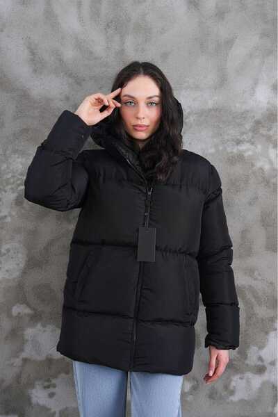 MontClup Regular Women's Black Puffer Jacket Hooded