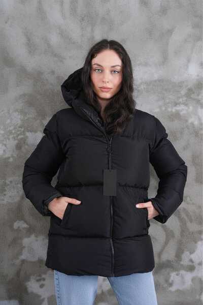 MontClup Regular Women's Black Puffer Jacket Hooded