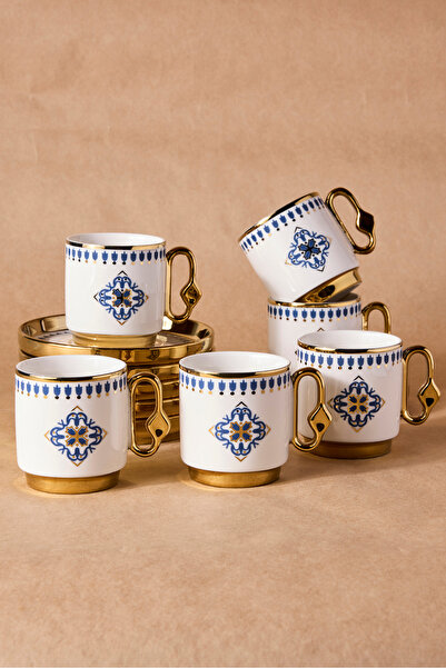 Perotti Cihangir 6-Person Porcelain Blue Tile Pattern Coffee Cup Set