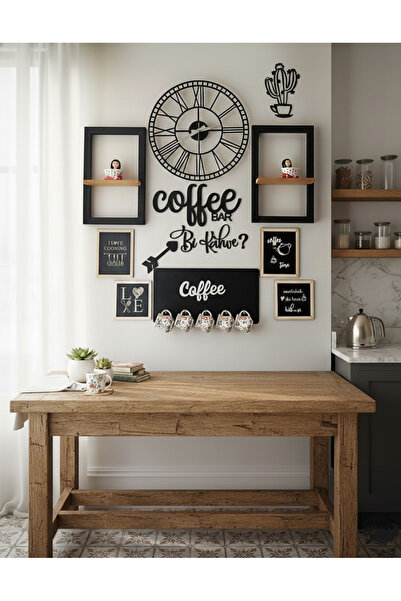 Dekorobi Modern Coffee Bar Duvar Dekoru 40 cm Saatli Ahşap Mutfak Köşesi Pano...