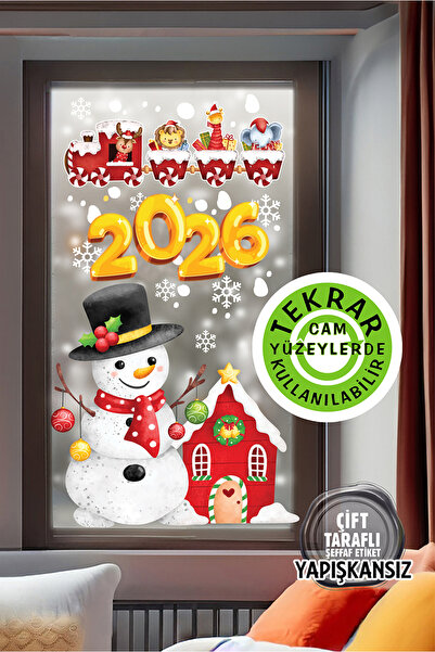 AlyMarkt ملصق زجاجي لرأس السنة الجديدة 2026 - قطار رجل الثلج - 100% مزدوج الج...