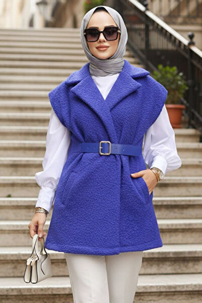 Neva Style Ζώνη Λεπτομερές Sax Blue Hijab Γιλέκο 61371SX