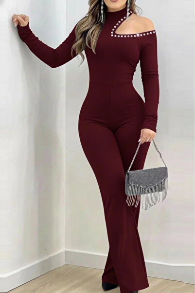 Butik Women's One-Shoulder Open Turtleneck Stone Detailed Long Imported Crepe Jumpsuit