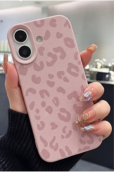 Fibaks Apple iPhone 16 Kılıf Pembe Leopar Desenli İnce Yumuşak Silikon