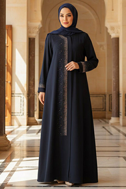 Neva Style Navy Blue Hijab Abaya - Λεπτομέρεια με χάντρες, Μοντέλο 26331L