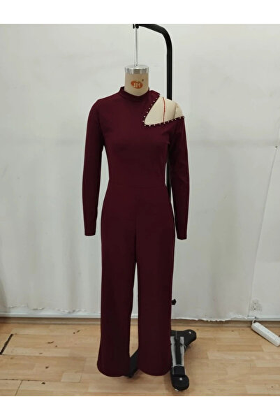 Butik Women's One-Shoulder Open Turtleneck Stone Detailed Long Imported Crepe Jumpsuit