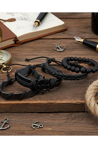 BSN Store Black Rudder Figured 4-Piece Genuine Leather Bracelet