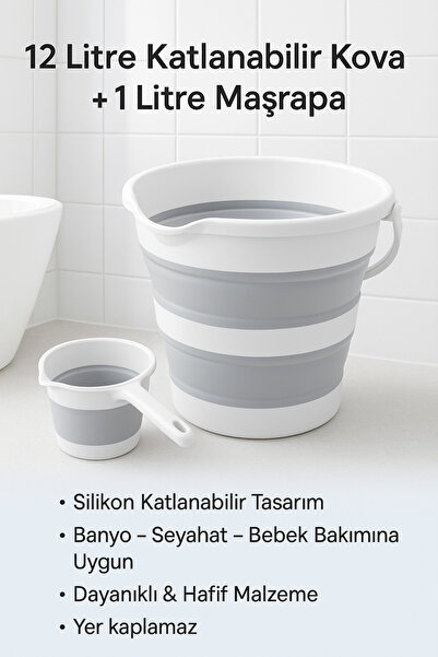 Zuu Baby Gri Katlanır Su Kovası Ve Maşrapa