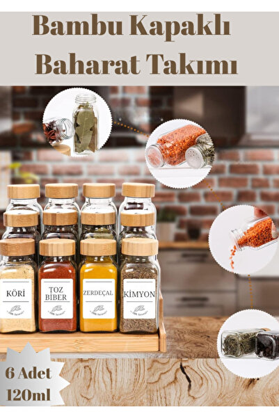 Flash Bazaar 6-Piece Square Glass Spice Jar Set with Bamboo Lids / 6 Pieces with Labels as Gift / 6-Piece Spice Jar Set