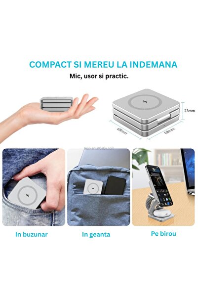 AVR SMART Încărcător wireless 3 în 1, suport pliabil compact, încărcare rapidă MagSafe, negru