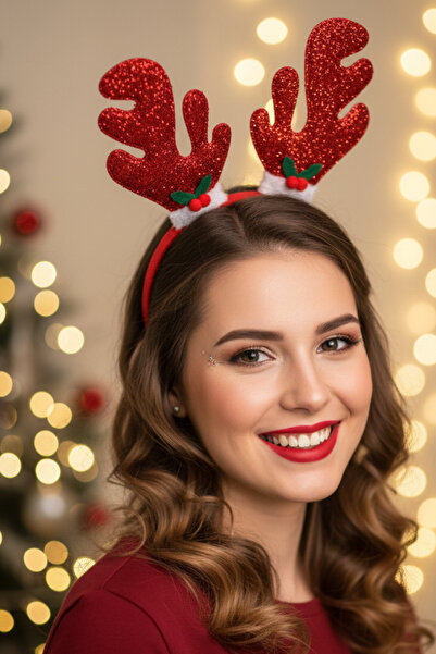 Eliya Clips Yılbaşı Konsepti Parlak Kırmızı Geyik Boynuzu Figürlü Taç