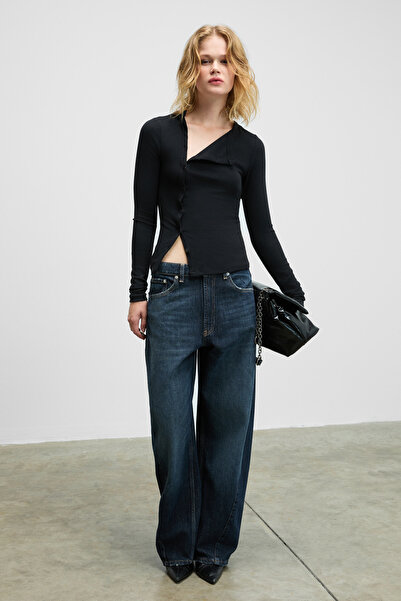 GRIMELANGE Sombra Women's Round Neck Front Placket Functional Buttoned Bodycon Stretchy Black Blouse