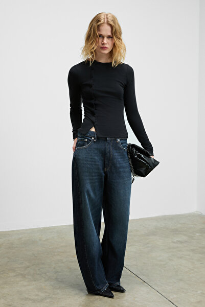 GRIMELANGE Sombra Women's Round Neck Front Placket Functional Buttoned Bodycon Stretchy Black Blouse