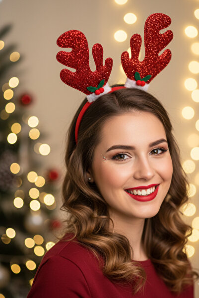 Eliya Clips Yılbaşı Konsepti Parlak Kırmızı Geyik Boynuzu Figürlü Taç