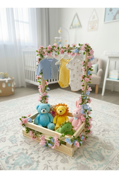 Wooden Factory سلة أطفال خشبية مزخرفة، سلة للأطفال بعمر 40 يومًا، سلة لحفل استقبال المولود