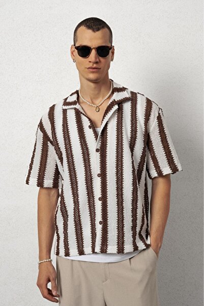 Plus Eighteen Striped Brown Knitwear Men's Shirt