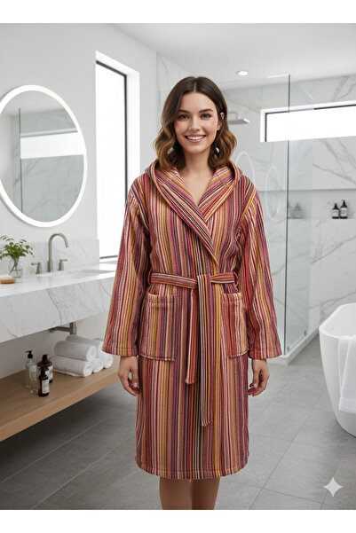 Lucy and Home %100 Pamuk Kadın İpliği Boyalı Çizgili Kadife Bornoz